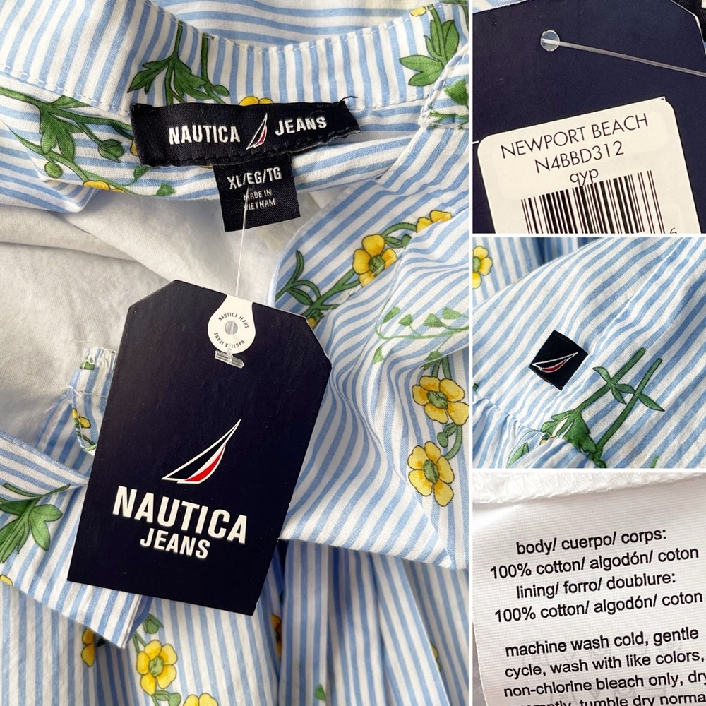 NWT Nautica 100% Cotton Floral-Stripe Print Tie-Waist Dress - Picture 6 of 6
